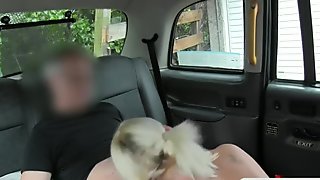 Pigtailed blonde passenger gets pussy banged in the cab