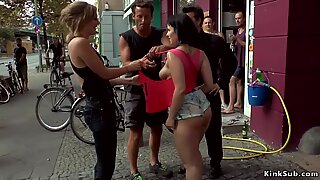Big tits slave gangbang fucked in public