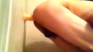 Bent over in shower fucking dildo stuck to wall
