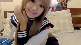 Asian college girl kitty Monster dildo Blowjob POV