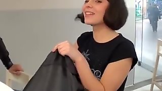 Charming girl does blowjob in the toilet